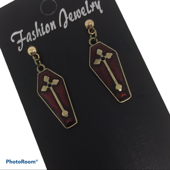 Red & Gold CROSS COFFIN Earrings goth gothic new - Picture 2 of 4